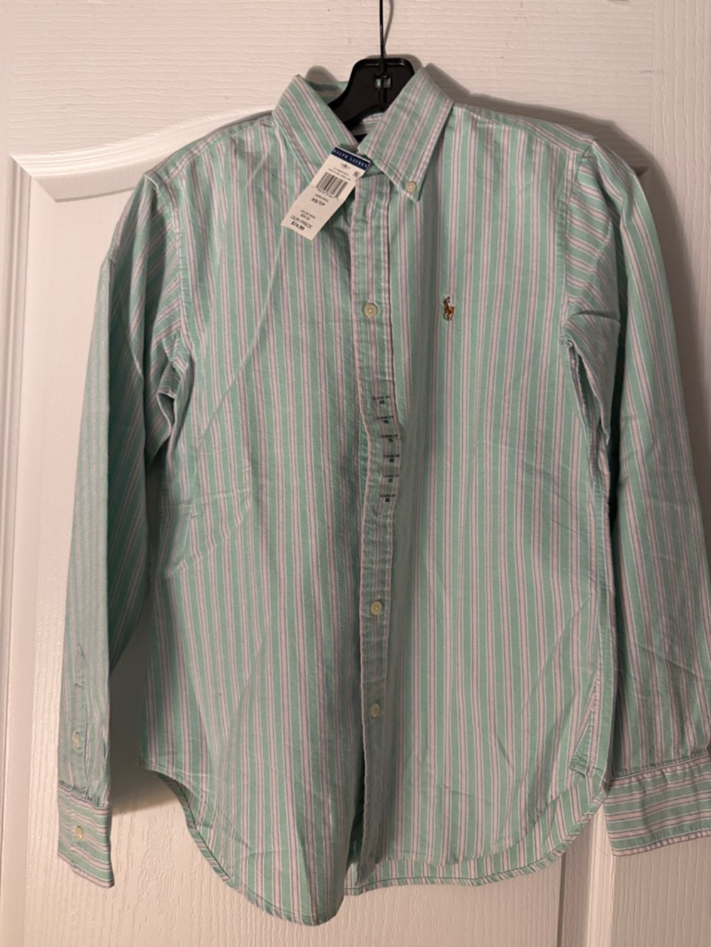 New Women’s Ralph Lauren Mint Green, White & Pink Stripe Ox Button-Down Shirt.